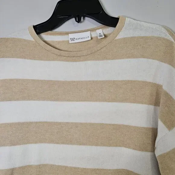Rafaella Tan Irish Cream Ivory Knit Striped Sweater Pullover Sz M Preppy Coastal - Picture 3 of 10